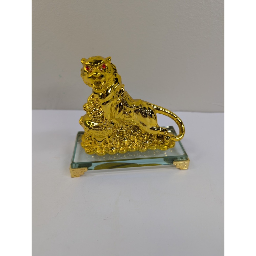 Feng Shui Gold tiger on Glass base‎ statue home decor